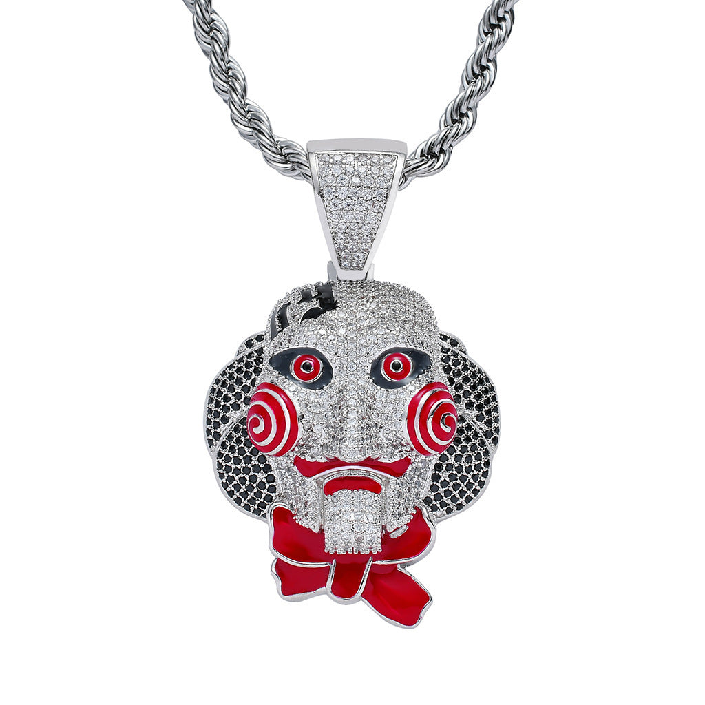 Chainsaw Cry Mask Doll Pendant Halloween Cosplay Jewelry Full Zircon Pendant