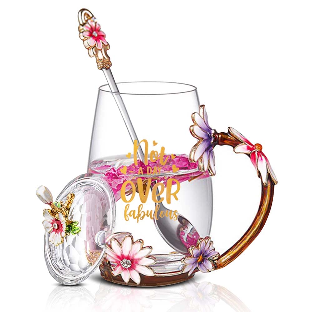 Luka Tech Enamel flower Lead-free Glass Coffee Mugs Tea Cup with Steel Spoon, Best Birthday Gifts For Women Wife Mom Friends Mothers Valentines Day Christmas (Purple-Tall)