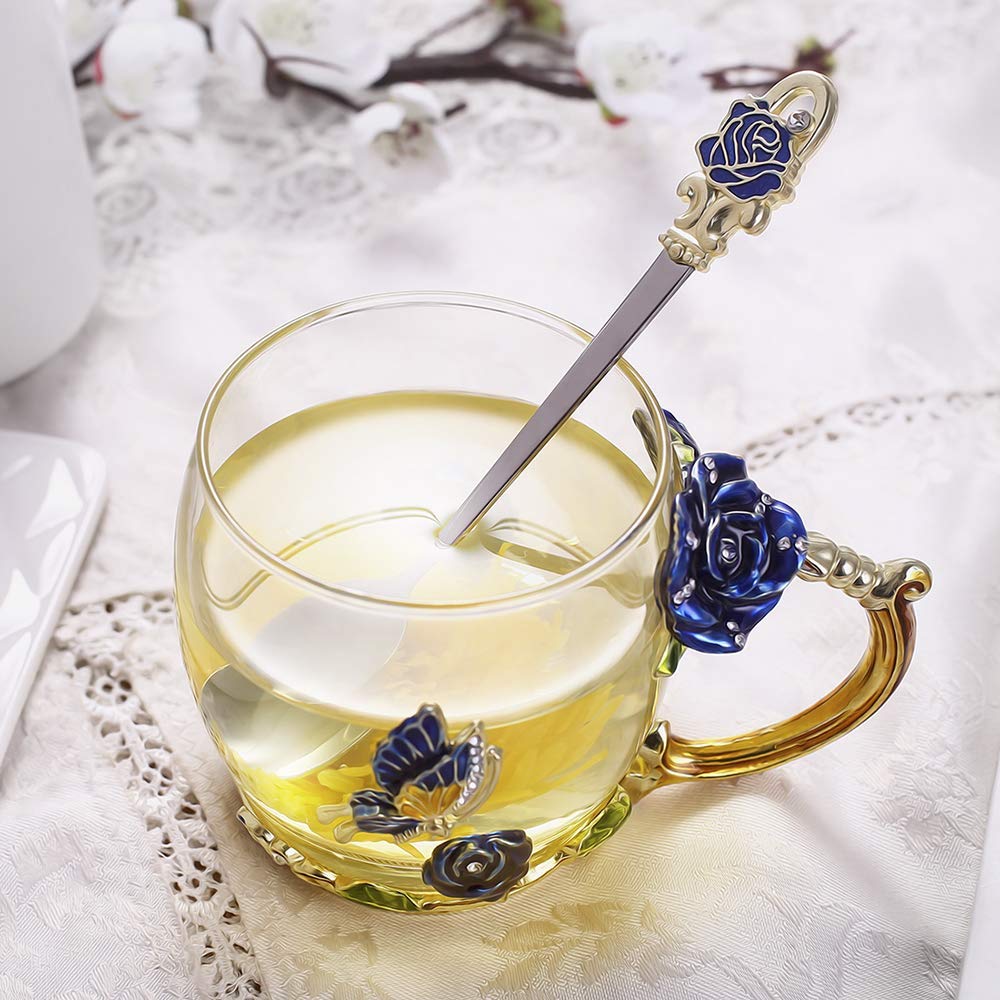 Luka Tech Enamel flower Lead-free Glass Coffee Mugs Tea Cup with Steel Spoon, Best Birthday Gifts For Women Wife Mom Friends Mothers Valentines Day Christmas (Purple-Tall)